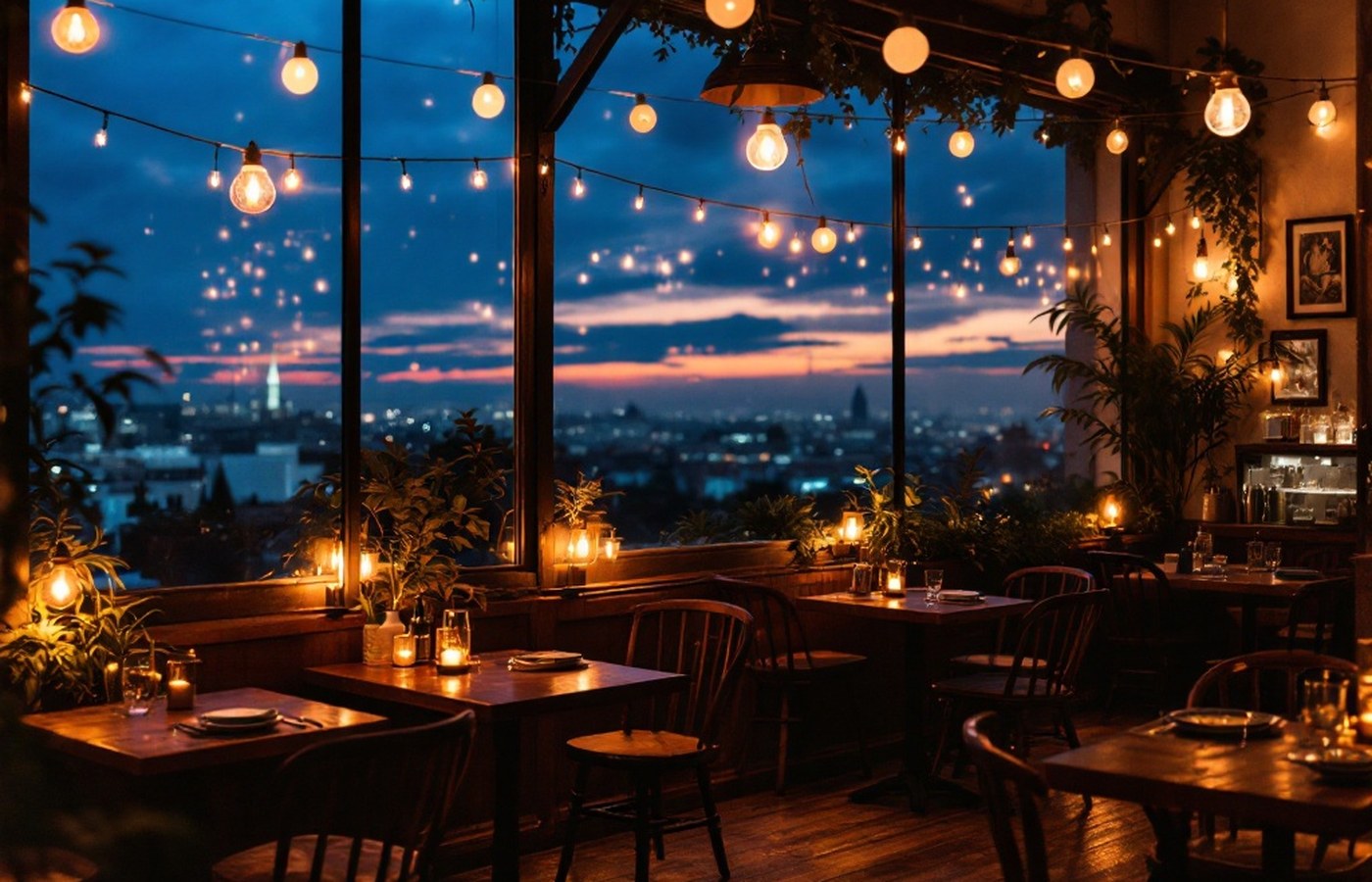 Cozy hidden neighborhood restaurant at dusk