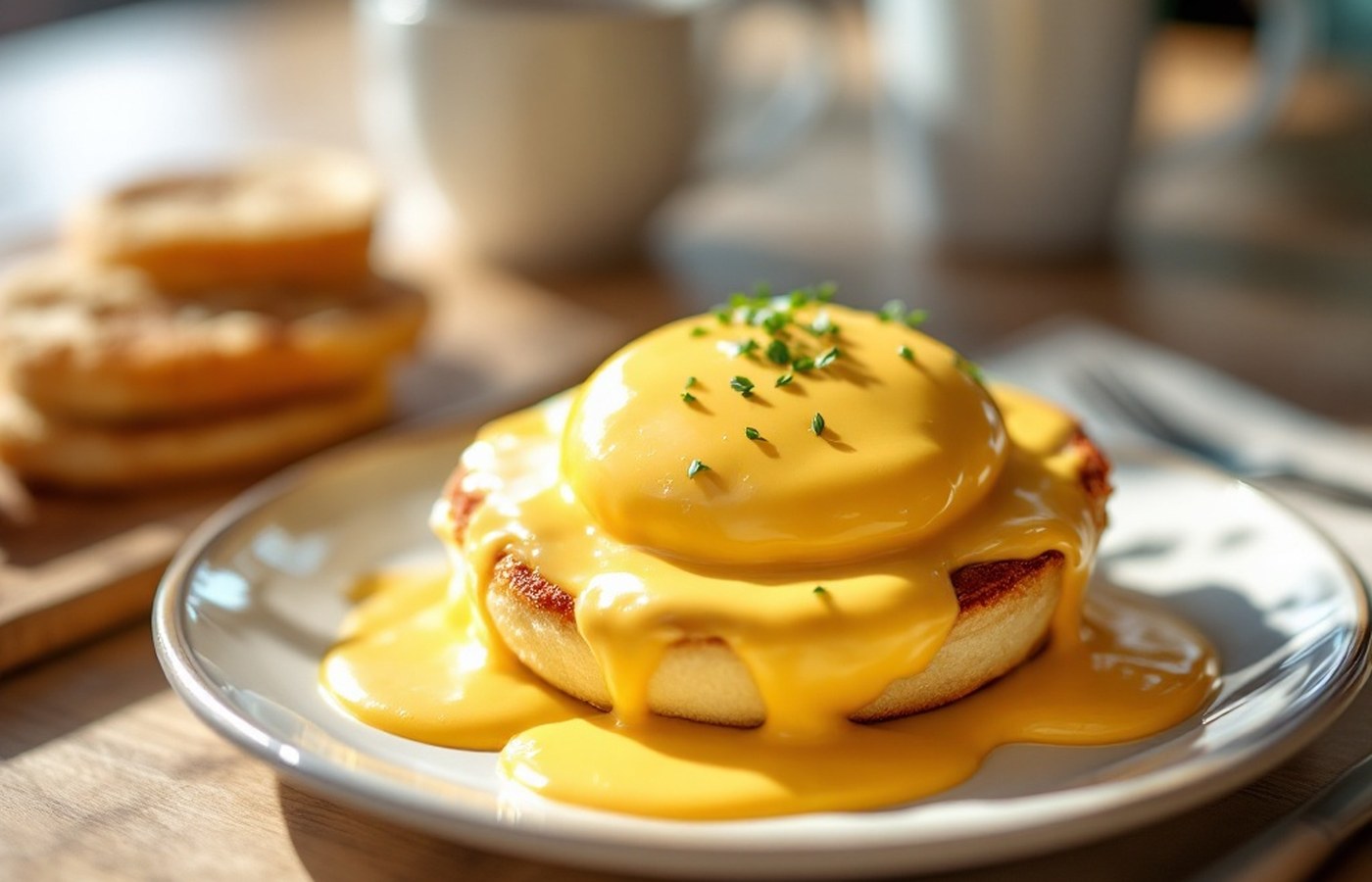 Eggs Benedict with hollandaise at breakfast