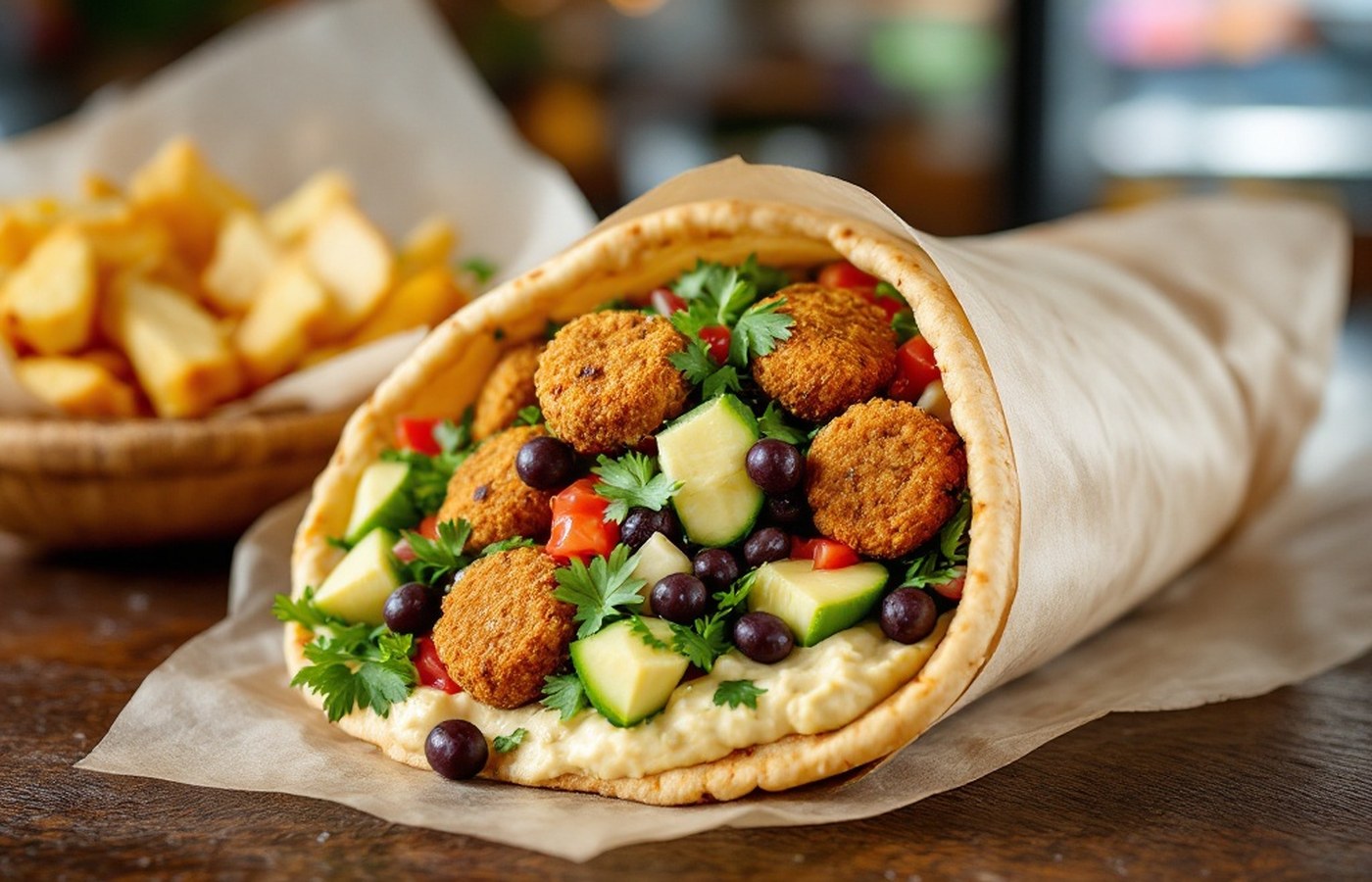 Pita stuffed with falafel, hummus and salad