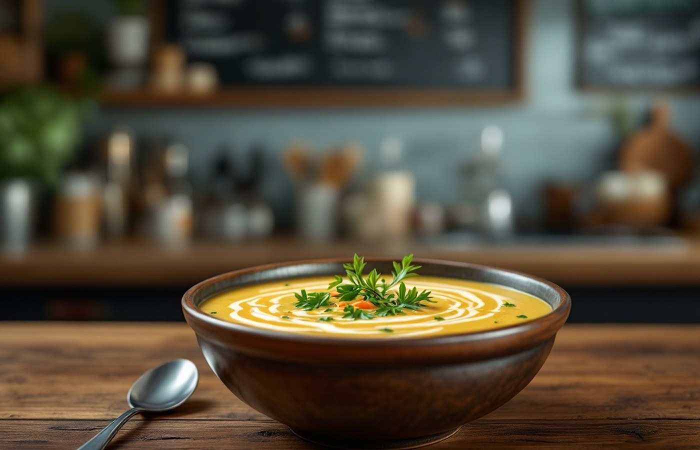 Bowl of creamy soup on a wooden counter