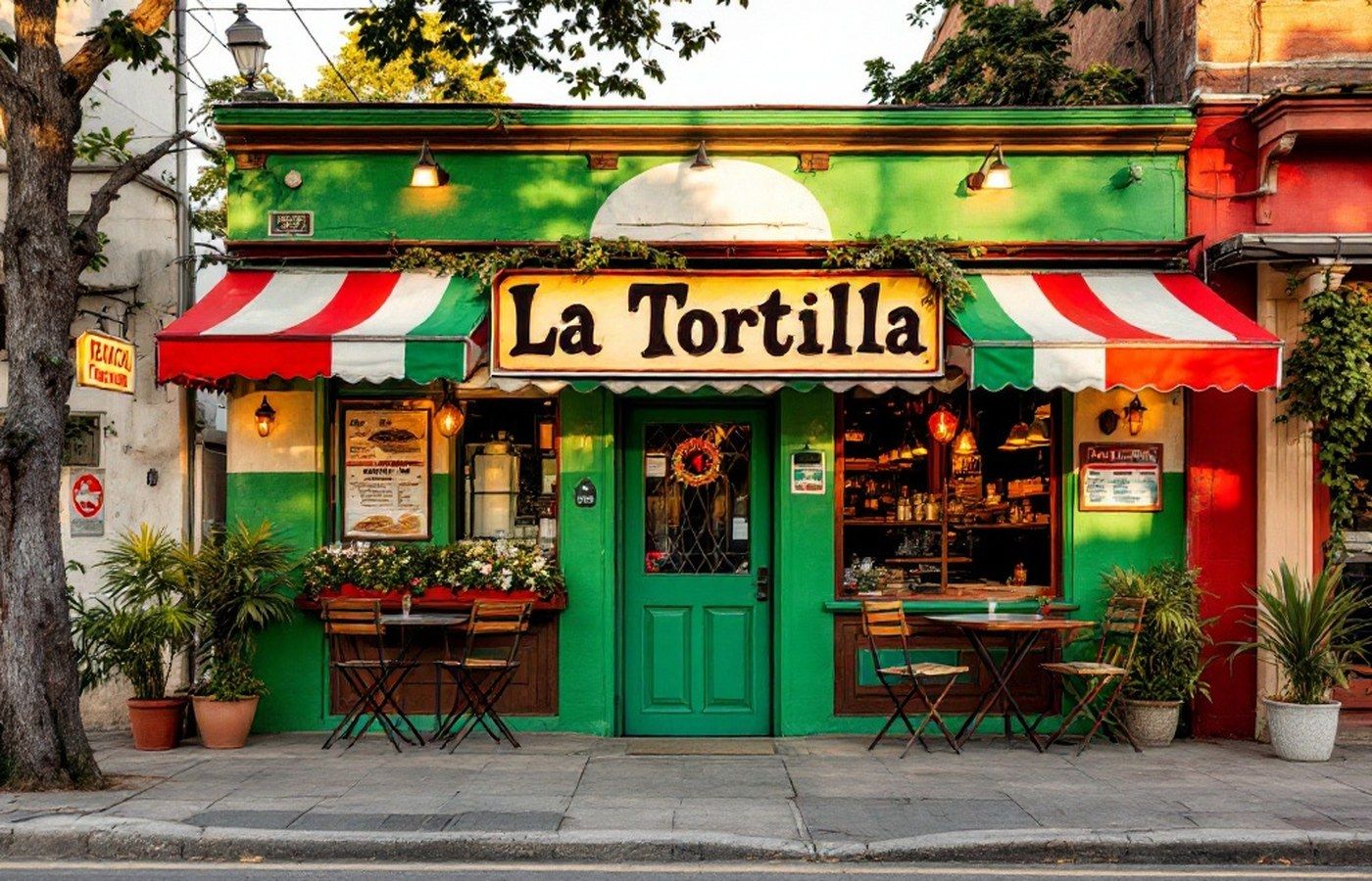 Mexican restaurant exterior painted in flag colors